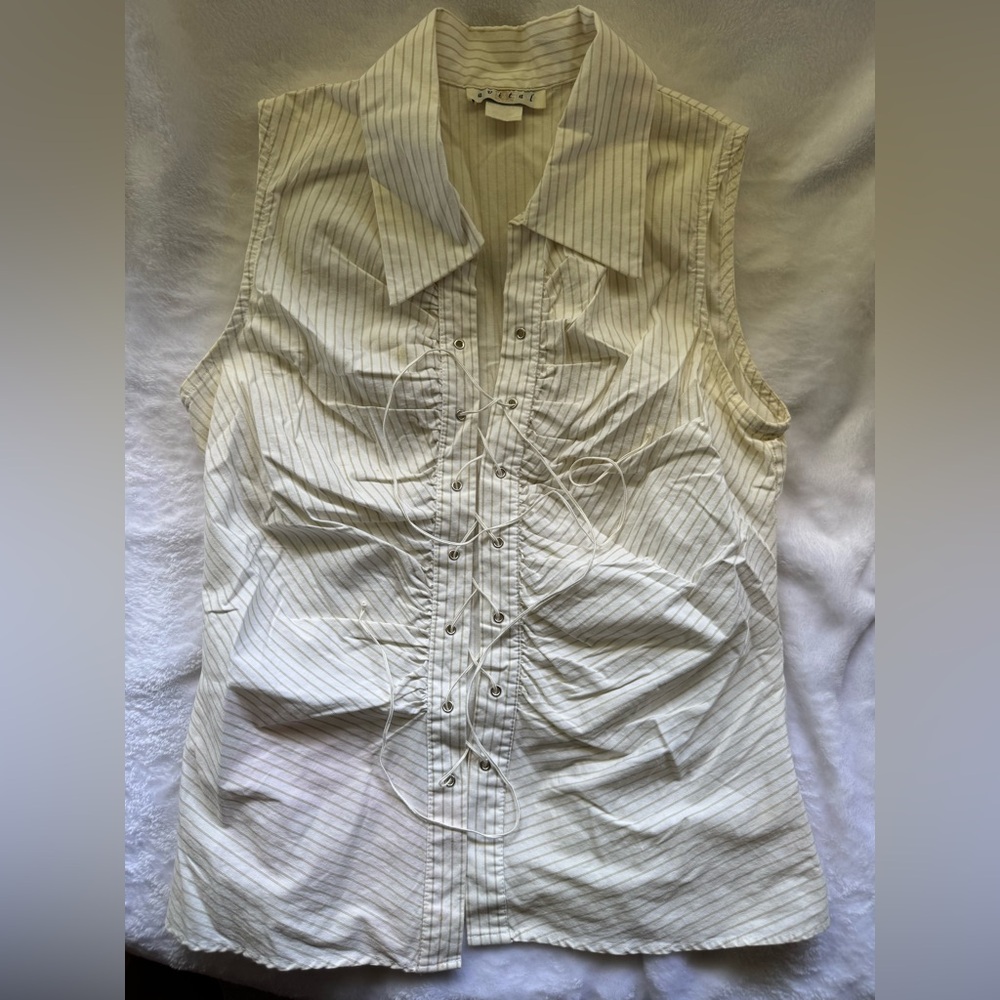 Sleeveless Lace-Up Stripe Button Front Top - White/Brown Y2K style